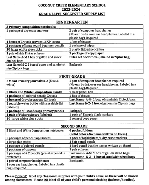 Parents / 2023 / 2024 Grade Level School Supply List